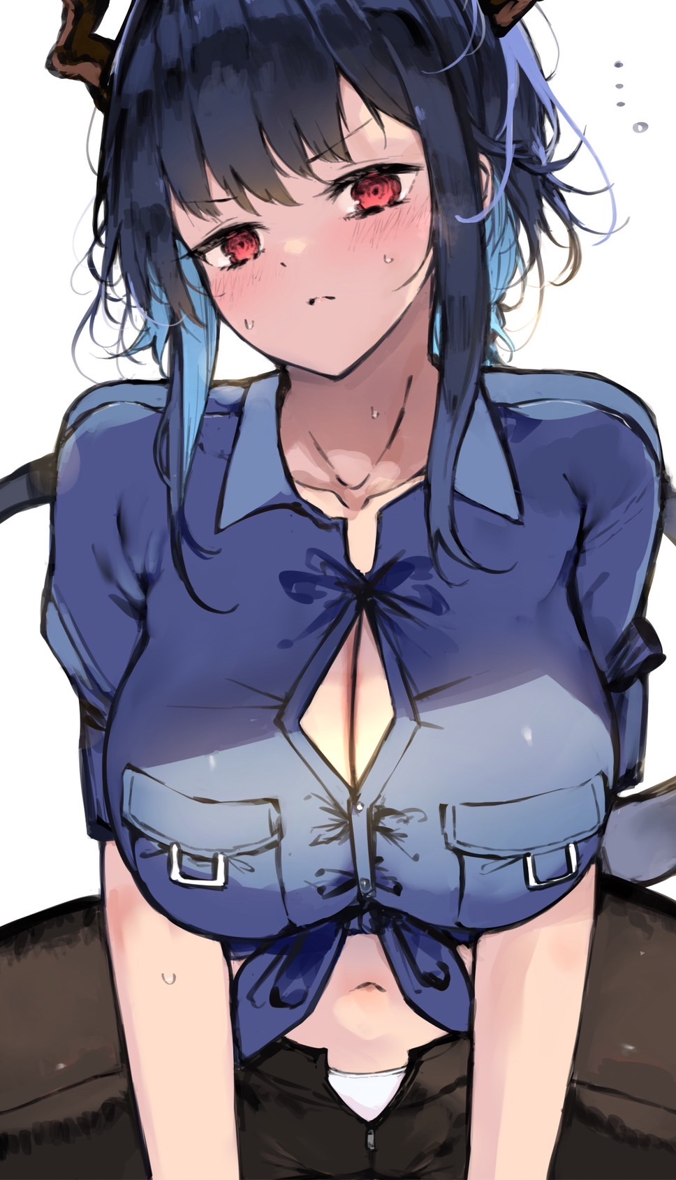 ..., 1girl, arknights, black_pants, blue_hair, blue_shirt, blush, breasts, ch'en_(after_storm)_(arknights), ch'en_(arknights), cleavage, closed_mouth, collarbone, collared_shirt, commentary_request, cowboy_shot, dragon_girl, dragon_horns, dragon_tail, highres, horns, kyuu_(plastic_night_q), large_breasts, long_hair, looking_at_viewer, midriff, navel, official_alternate_costume, panties, pants, partially_unzipped, pocket, police, police_uniform, policewoman, red_eyes, shirt, shirt_rolled_up, sidelocks, simple_background, solo, sweat, tail, underwear, white_background, white_panties, zipper