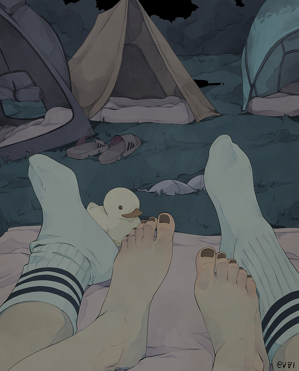 2boys, ankle_socks, artist_logo, barefoot, black_nails, bra, brown_footwear, bush