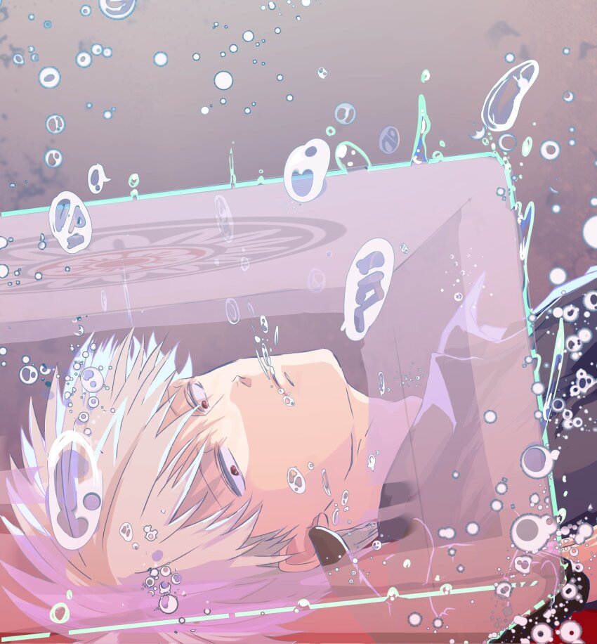 1boy, akagi:_yami_ni_oritatta_tensai, akagi_shigeru, black_gloves, bubble, collared_shirt, commentary_request, fugusashi_(fgss2089), fukumoto_mahjong, gloves, grey_hair, grey_shirt, hair_between_eyes, highres, looking_at_viewer, looking_to_the_side, mahjong, mahjong_tile, male_focus, parted_lips, red_eyes, shirt, short_hair, solo, underwater, upper_body, washizu_mahjong, water