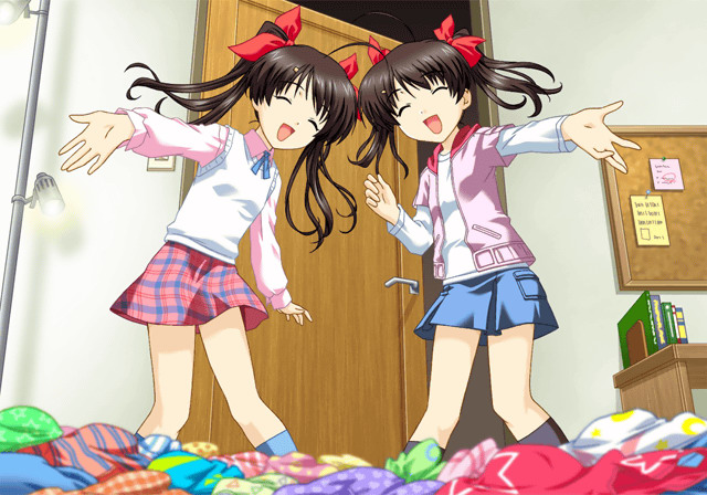 00s, 2girls, ahoge, black_hair, bow, closed_eyes, clothes_on_floor, futakoi