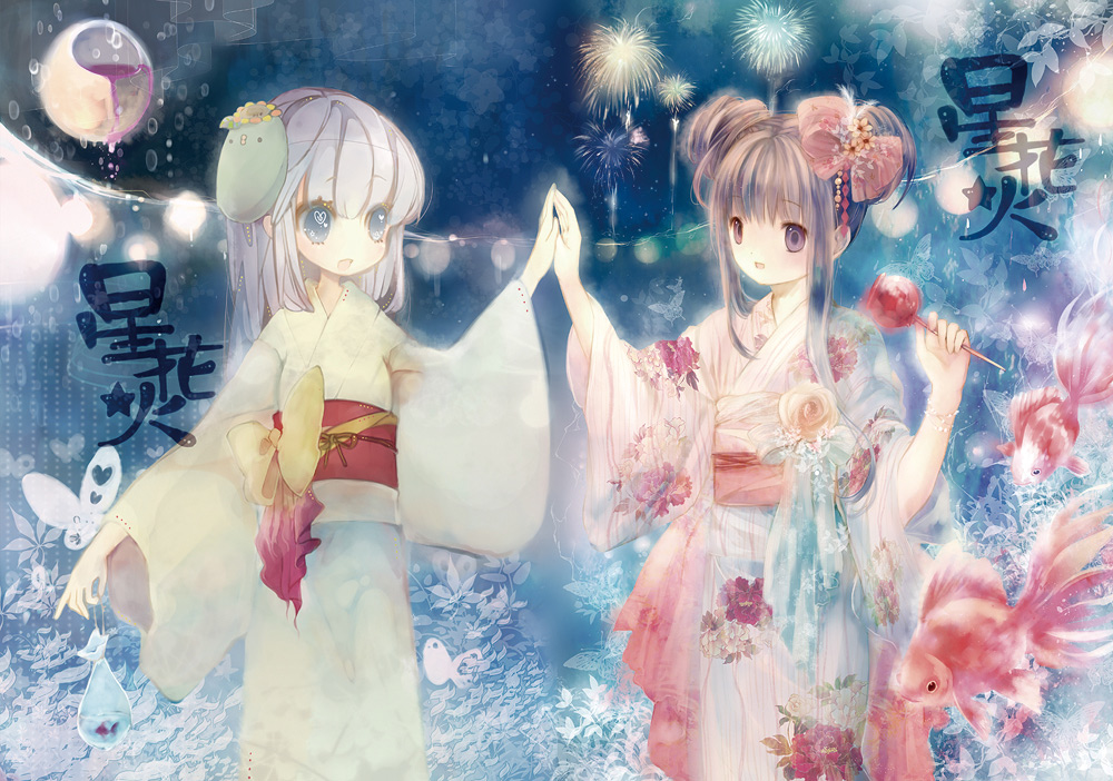 2girls, aerial_fireworks, bag, bow, bug, butterfly, candy_apple, double_bun