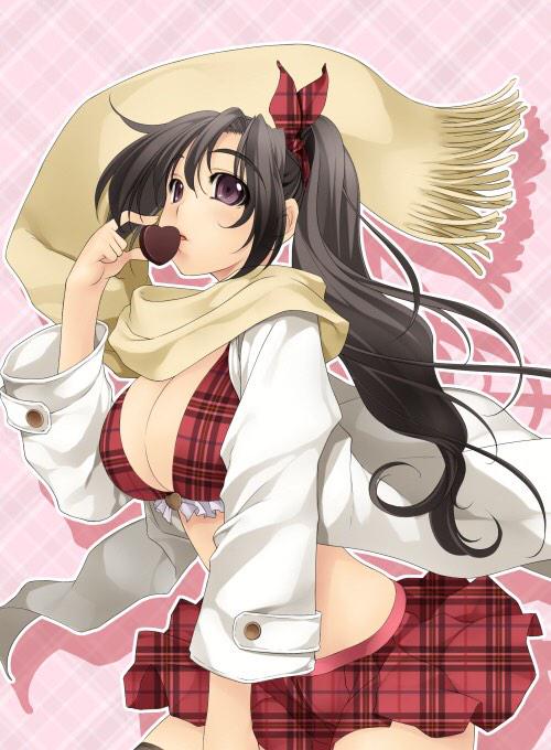 1girl, atelier-moo, bikini, black_hair, breasts, candy, chocolate, chocolate_heart, curtained_hair, food, hair_between_eyes, hair_ribbon, heart, large_breasts, lasting_anthem, long_hair, luna_soma, miniskirt, open_mouth, plaid_clothes, plaid_skirt, red_eyes, red_ribbon, ribbon, scarf, simple_background, skirt, solo, standing, swimsuit, thighhighs, valentine, zettai_ryouiki