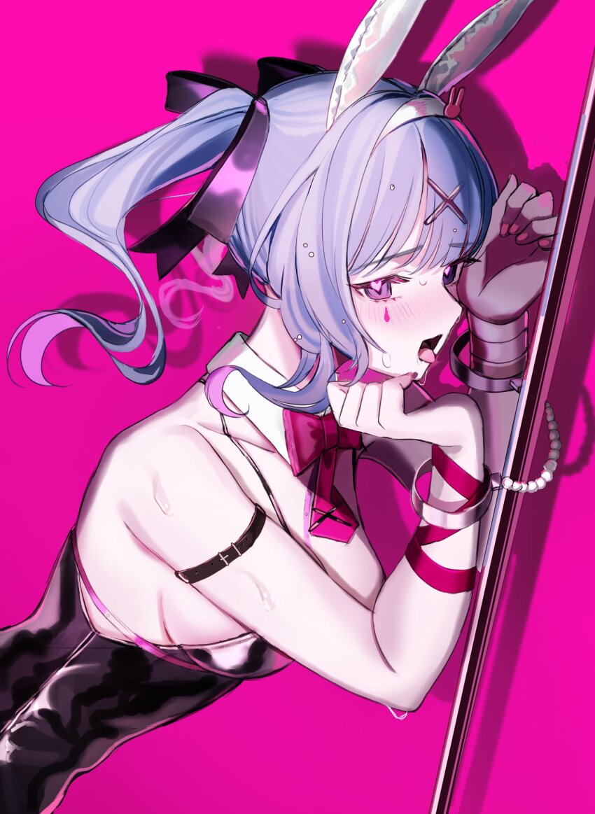 1girl, animal_ears, arm_ribbon, arm_strap, black_leotard, black_ribbon, blue_eyes, blue_hair