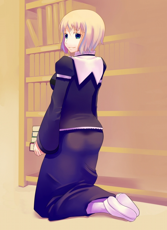 1girl, 919308ms, blonde_hair, blue_eyes, book, female_focus, kneeling, library, nun, orsola_aquinas, sdzo, solo, toaru_majutsu_no_index