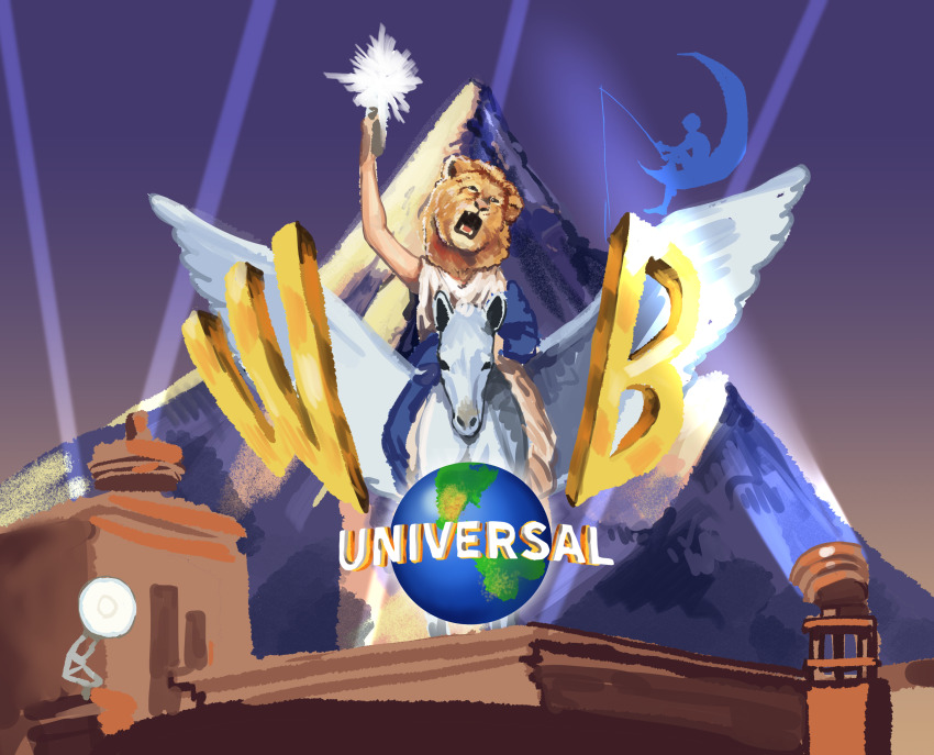 20th_century_fox, absurdres, chanta_(ayatakaoisii), columbia_pictures, crescent_moon, crossover, desk_lamp, dreamworks, fishing, fishing_rod, globe, highres, holding, holding_torch, lamp, leo_the_lion, lion, luxo_jr., metro-goldwyn-mayer, moon, mountain, multiple_crossover, paramount_pictures, pegasus, pixar, riding, riding_animal, spotlight, torch, tristar_pictures, universal_studios, warner_bros.