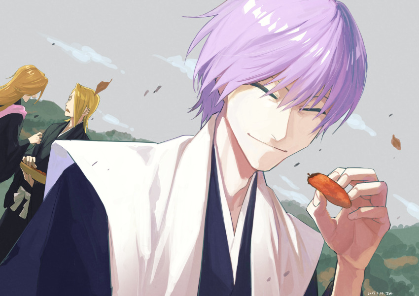 1boy, 2girls, :|, absurdres, bleach, blonde_hair, closed_eyes, closed_mouth