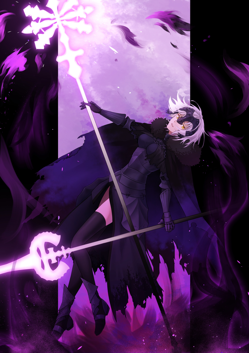 1girl, absurdres, armor, armored_dress, black_dress, black_thighhighs, cape, chain