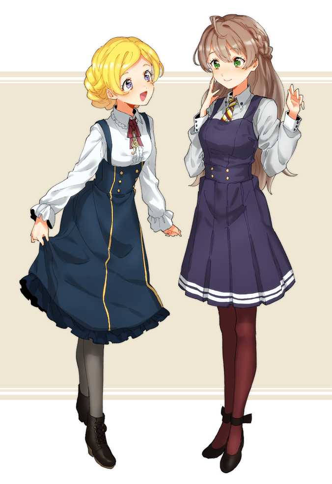 2girls, :d, ahoge, alternate_costume, alternate_hairstyle, ankle_boots, ankle_strap, beige_background