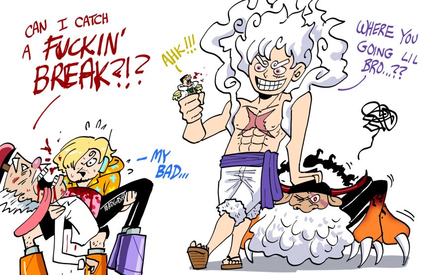 !, !?, ..., 5boys, ?, abs, black_hair, blonde_hair, carrying, dr._vegapunk, dying, english_text, facial_hair, formal_clothes, full_body, gear_fifth, giant, gorousei, grin, halloween_costume, highres, humiliation, injury, jaygarcia_saturn, kizaru_(one_piece), long_head, long_tongue, looking_at_another, male_focus, military_uniform, monkey_d._luffy, multiple_boys, mustache, old, old_man, one_piece, pain, pectorals, restrained, sanji_(one_piece), sanji_(one_piece)_(egghead), scar, scar_on_chest, scar_on_face, short_hair, smile, stubble, sunglasses, thick_eyebrows, thick_mustache, toadgashi, tongue, tongue_out, white_background