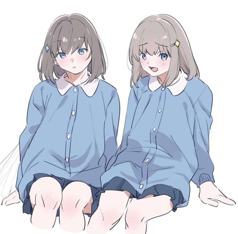 2boys, aged_down, blonde_hair, blouse, blue_eyes, blue_hair_ornament, blue_shirt, blue_skirt