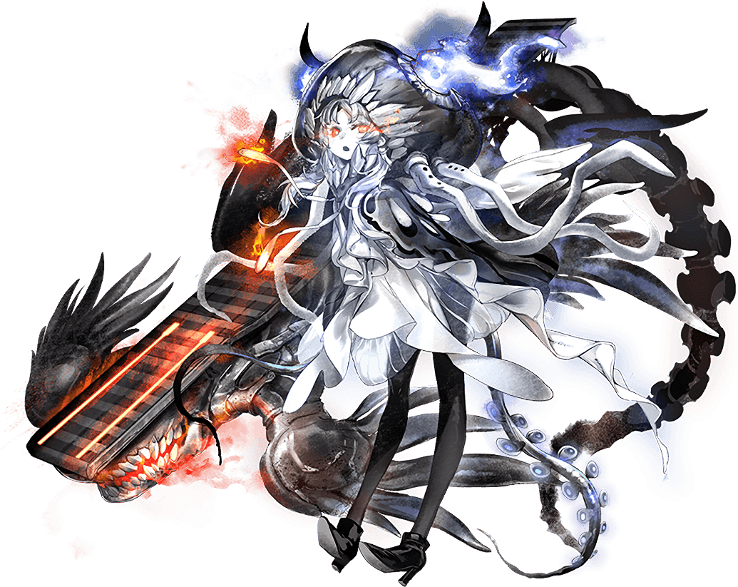 1girl, abyssal_ship, cloak, colored_skin, dress, fangs, flight_deck, glowing