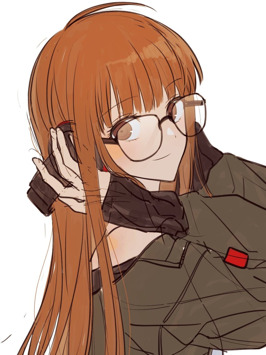 behind-the-head_headphones, black-framed_eyewear, coat, glasses, green_coat, green_jacket, headphones, highres, jacket, off-shoulder_shirt, off_shoulder, orange_eyes, orange_hair, persona, persona_5, persona_5_the_royal, sakura_futaba, shirt, simple_background, smile, upper_body, vo1ez, white_background