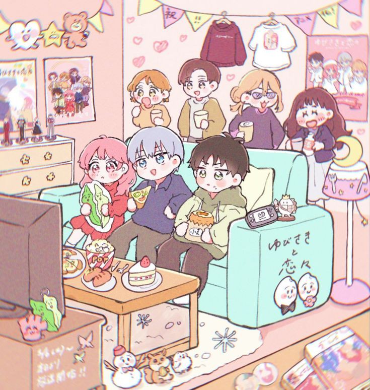 3girls, 4boys, ashioki_oushi, black_hair, blonde_hair, blue_eyes, blush, brown_hair