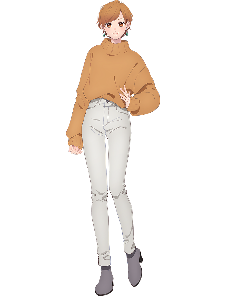 1girl, blush, closed_mouth, fujishiro_rin, orange_eyes, orange_hair, orange_sweater, pants, shoes, smile, solo, sweater, transparent_background, white_pants, yubisaki_to_renren