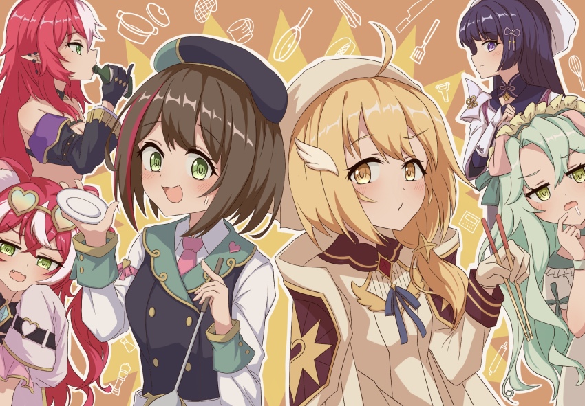 6+girls, ahoge, animal_ears, beret, black_hair, blonde_hair, breasts, chopsticks