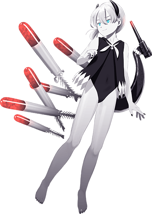 1girl, abyssal_i-class_water_princess, abyssal_ship, bare_legs, barefoot, colored_skin, full_body, horns, kantai_collection, legs, official_art, one-piece_swimsuit, pale_skin, ponytail, red_eyes, shibafu_(glock23), ship_turret, short_ponytail, side_ponytail, swimsuit, torpedo, transparent_background, white_hair, white_skin