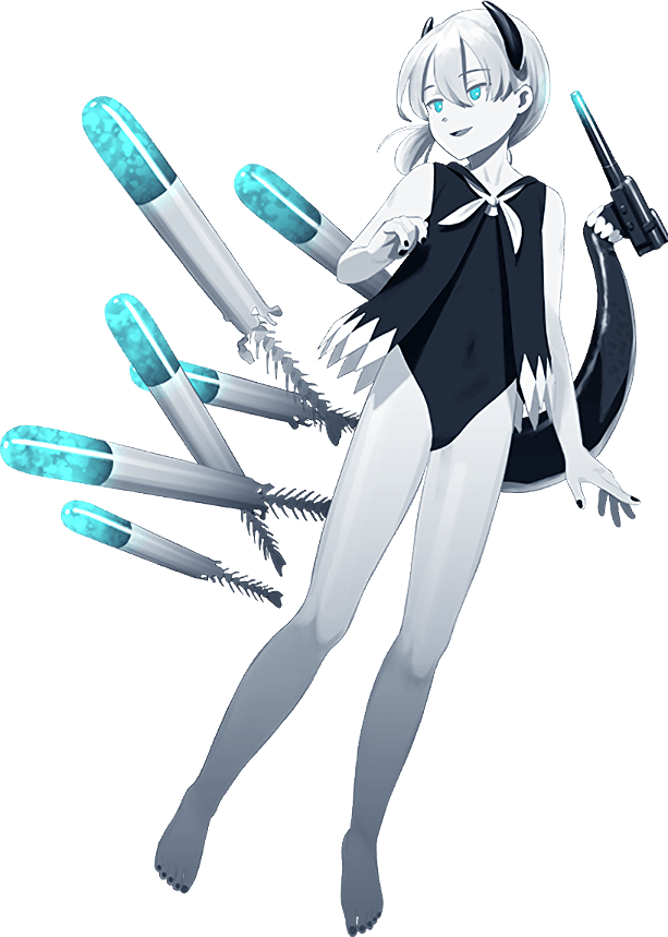 1girl, abyssal_i-class_water_princess, abyssal_ship, aqua_eyes, bare_legs, barefoot, colored_skin, full_body, horns, kantai_collection, legs, official_art, one-piece_swimsuit, pale_skin, ponytail, shibafu_(glock23), ship_turret, short_ponytail, side_ponytail, swimsuit, torpedo, transparent_background, white_hair, white_skin