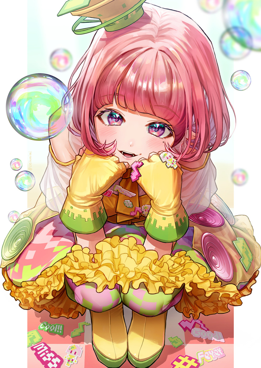 1girl, bubble, english_text, highres, kamen_rider, kamen_rider_ex-aid_(series), looking_at_viewer, pink_eyes, pink_hair, poppi_pipopapo, short_hair, skirt, solo, squatting, twitter, zeikomimi