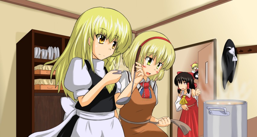 3girls, alice_margatroid, apron, ascot, black_hair, blonde_hair, blue_eyes, bow