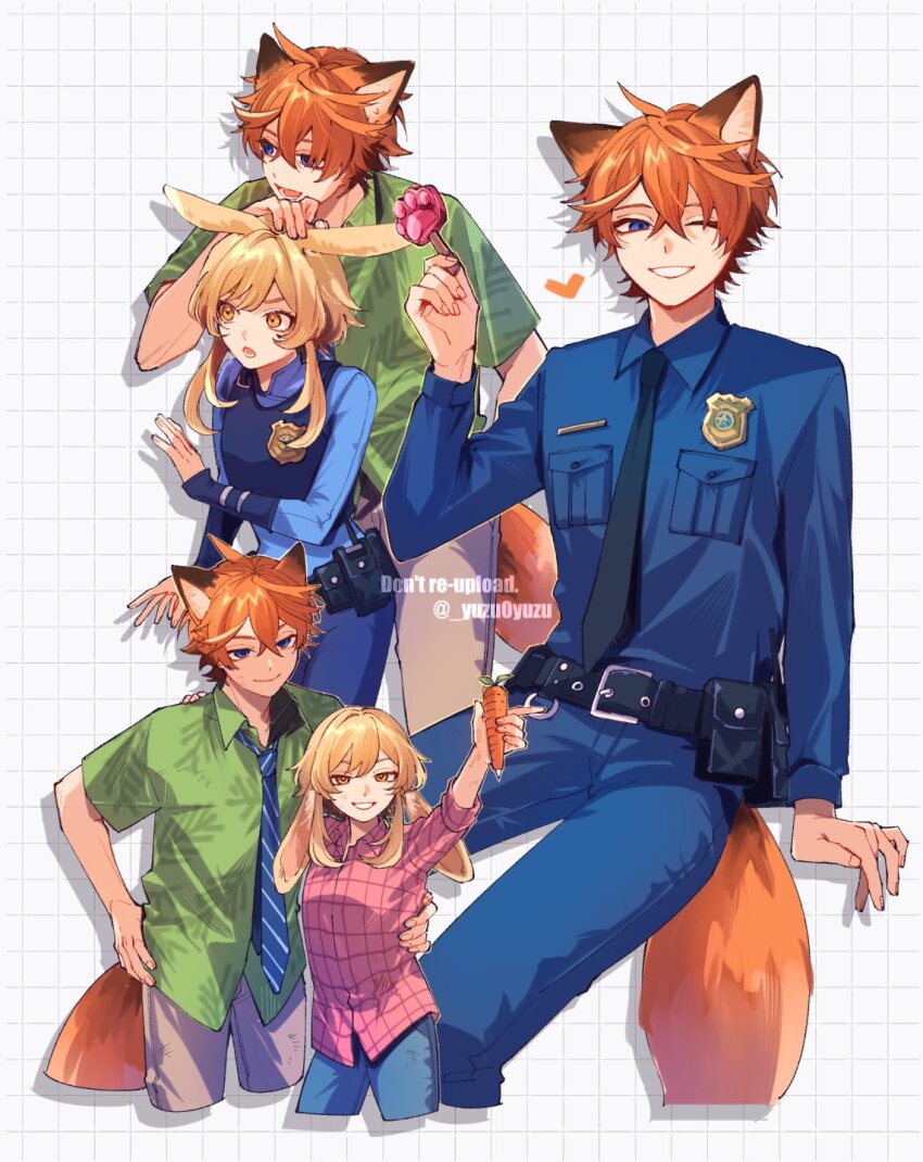 2boys, animal_ears, blonde_hair, blue_eyes, carrot, cosplay, fox_boy, fox_ears, fox_tail, genshin_impact, green_shirt, highres, judy_hopps, judy_hopps_(cosplay), long_hair, long_sleeves, lumine_(genshin_impact), multiple_boys, necktie, nick_wilde, nick_wilde_(cosplay), open_mouth, orange_hair, pink_shirt, police, police_uniform, rabbit_ears, sakura_0270, shirt, short_hair, smile, tail, tartaglia_(genshin_impact), teeth, yellow_eyes, zootopia