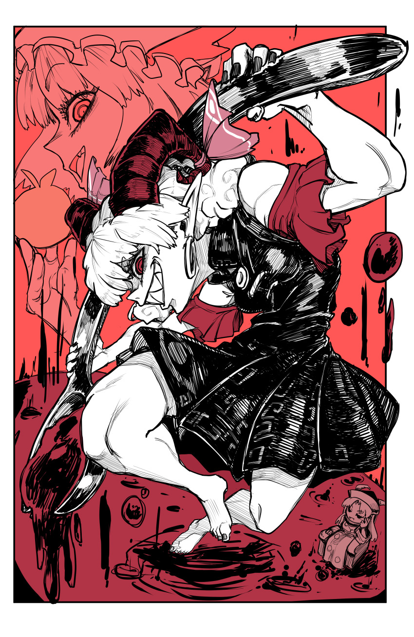 3girls, absurdres, apple, axel_hi, bare_legs, bare_shoulders, barefoot, curly_hair