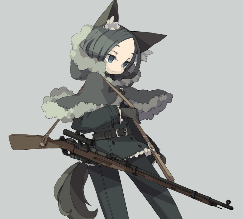 1girl, animal_ears, bad_id, bad_pixiv_id, black_hair, blue_eyes, bolt_action, capelet, coat, dog_ears, female_focus, fur_coat, gun, military, military_uniform, mosin-nagant, nakayoko, original, rifle, scope, simple_background, sniper_rifle, solo, tail, weapon, yokoe_(mealtime)