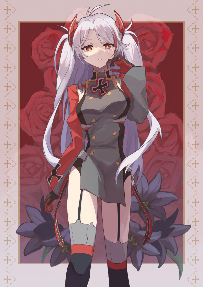 absurdres, antenna_hair, azur_lane, black_gloves, cross, flower, garter_belt, garter_straps, german_clothes, gloves, hair_ornament, highres, iron_cross, looking_at_viewer, mikuni144, multicolored_hair, prinz_eugen_(azur_lane), red_background, red_flower, red_rose, rose, side_slit, streaked_hair, thighs, twintails, white_hair, yellow_eyes