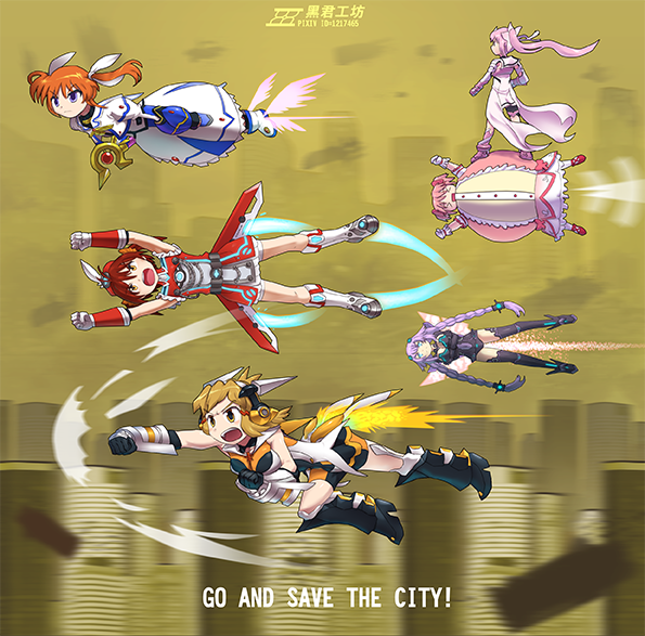 >_<, braid, brown_hair, choujigen_game_neptune, city, crossover, fat, fat_woman, flying, heei_juun, isshiki_akane, jetpack, kamen_rider, kamen_rider_(1st_series), kaname_madoka, kaname_madoka_(magical_girl), lyrical_nanoha, magical_girl, mahou_shoujo_lyrical_nanoha, mahou_shoujo_madoka_magica, mahou_shoujo_madoka_magica_(anime), multiple_crossover, neptune_(series), pink_hair, purple_hair, purple_heart_(lost_purple)_(neptunia), purple_heart_(neptunia), raising_heart, raising_heart_(device_mode)_(1st), red_hair, senki_zesshou_symphogear, short_hair, staff, tachibana_hibiki_(symphogear), takamachi_nanoha, takamachi_nanoha_(movie_1st_mode), twin_braids, vividred_operation, winged_footwear, yellow_eyes, yuuki_yuuna, yuuki_yuuna_wa_yuusha_de_aru, yuusha_de_aru