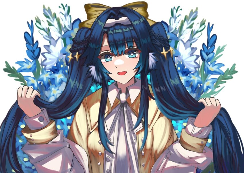 1girl, :d, arknights, artist_name, astgenne_(arknights), astgenne_(her_aspiration)_(arknights), blue_eyes, blue_flower