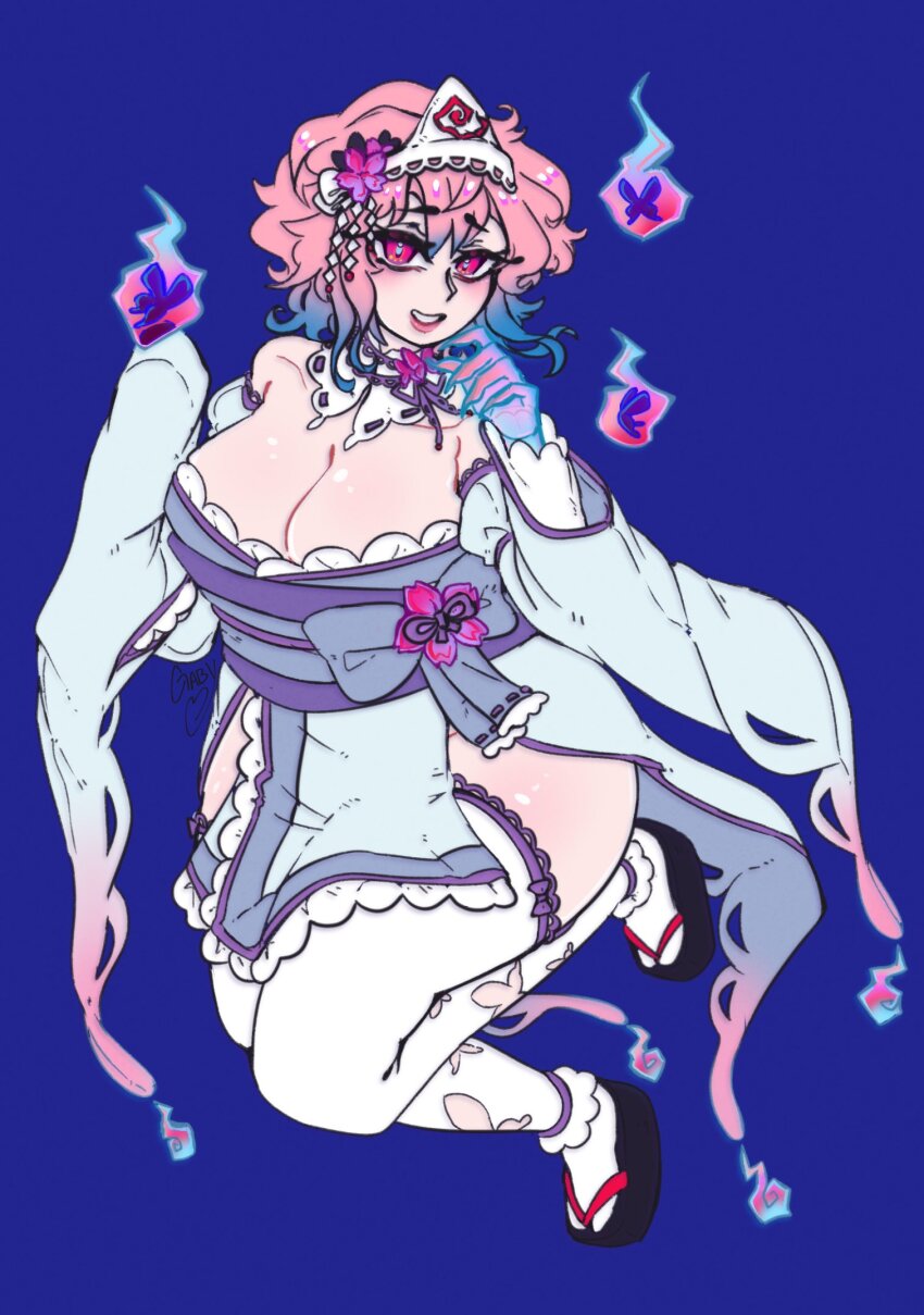 1girl, black_footwear, blue_background, blue_kimono, commentary, english_commentary, full_body, gradient_hair