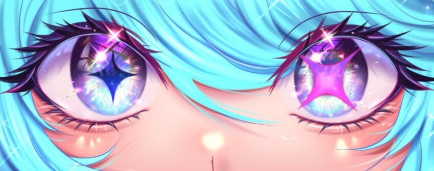 1girl, blue_eyes, close-up, eye_banner_(trend), eye_focus, eyelashes, green_hair, gwen_(league_of_legends)