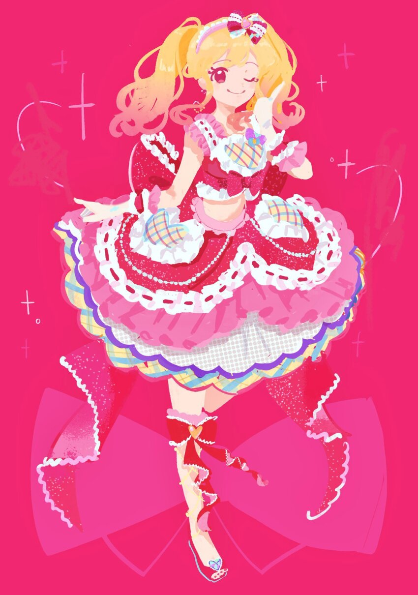 1girl, aikatsu!_(series), aikatsu_stars!, blonde_hair, bow, dot_nose, frilled_skirt, frills