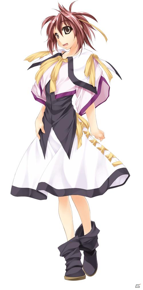 1girl, annette_harvey, atelier-moo, boots, breasts, brown_eyes, full_body, hair_between_eyes, hair_ribbon, hand_on_own_hip, lasting_anthem, medium_breasts, open_mouth, ponytail, puffy_short_sleeves, puffy_sleeves, red_hair, ribbon, short_hair, short_sleeves, skirt, smile, solo, standing, yellow_ribbon