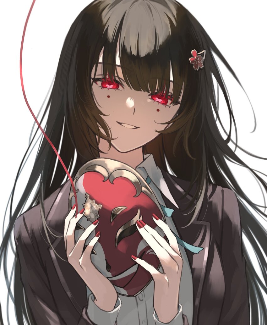 1girl, :d, black_jacket, blazer, brown_hair, collared_shirt, grin, hair_between_eyes