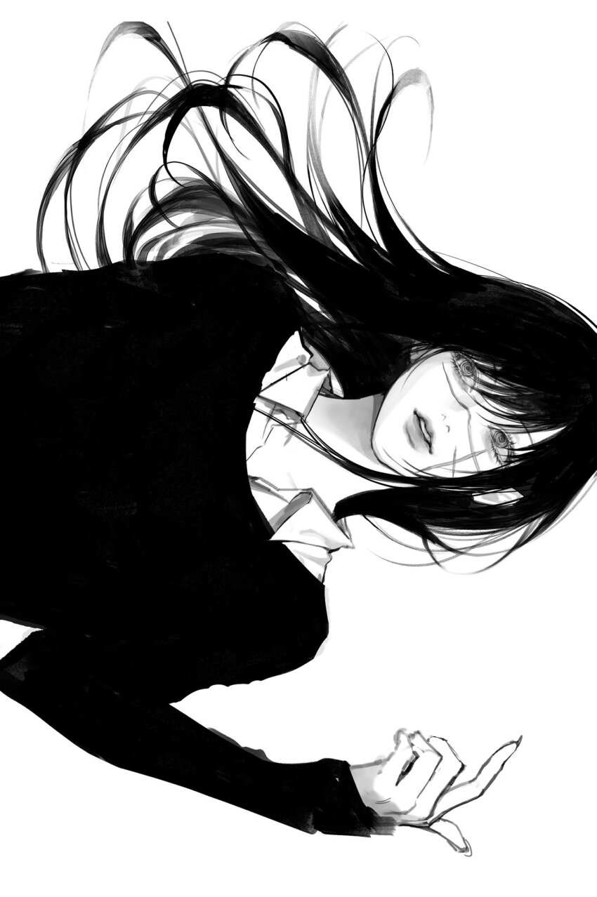 1girl, arm_up, black_hair, black_shirt, chainsaw_man, collared_shirt, dang0_23, eyelashes, fingernails, highres, light_smile, long_hair, long_sleeves, monochrome, parted_lips, ringed_eyes, scar, scar_on_face, shirt, simple_background, white_background, yoru_(chainsaw_man)