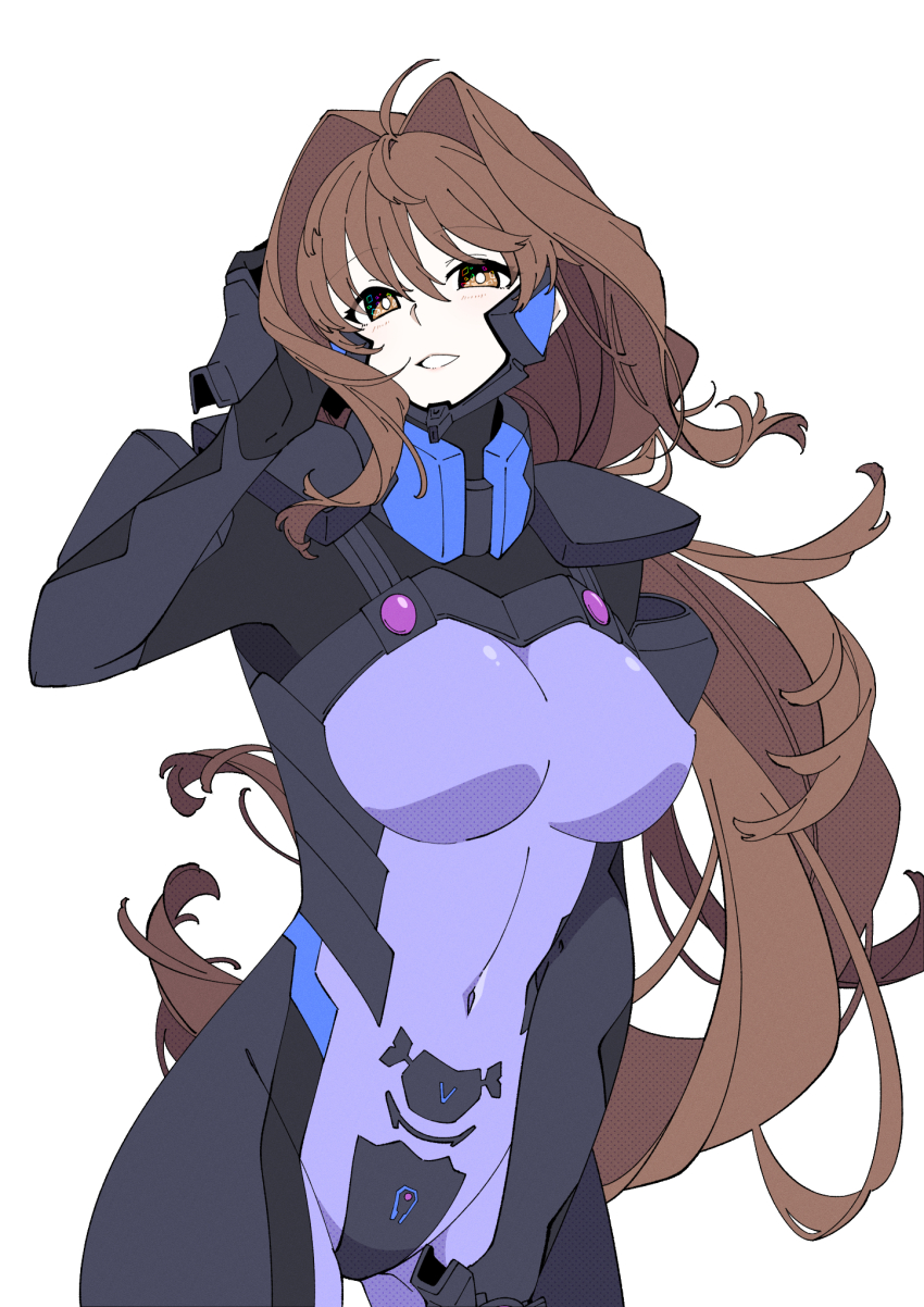 1girl, ahoge, armored_bodysuit, bodysuit, breasts, brown_eyes, brown_hair, covered_navel