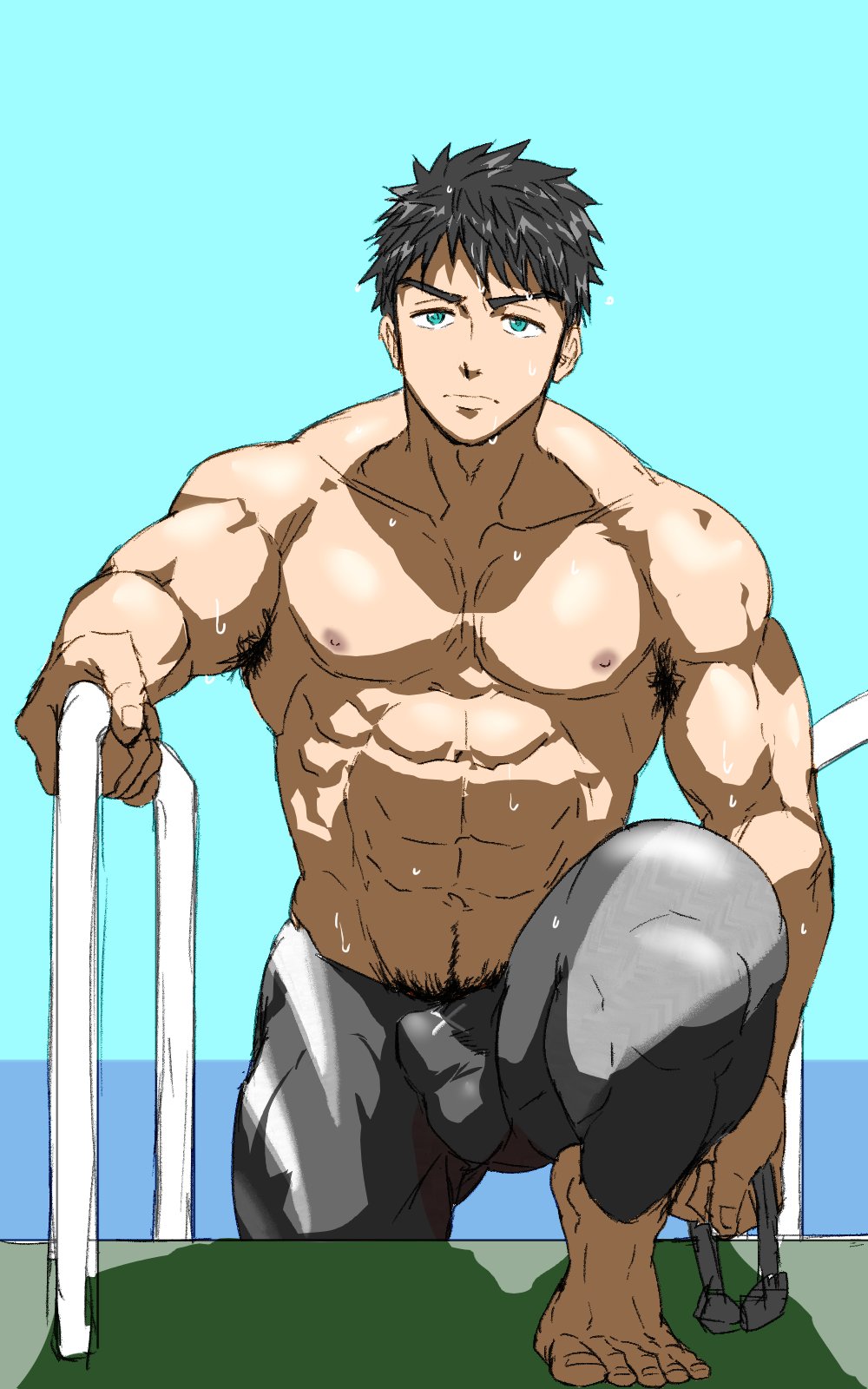 1boy, abs, armpit_hair, armpit_hair_peek, bara, black_hair, black_male_swimwear, blue_eyes, bulge, excessive_pubic_hair, expressionless, free!, fugur6_fugur9, highres, legskin, looking_at_viewer, male_focus, male_swimwear, muscular, muscular_male, navel, nipples, poolside, pubic_hair, pubic_hair_peek, short_hair, solo, stomach, thick_eyebrows, thick_thighs, thighs, topless_male, yamazaki_sousuke