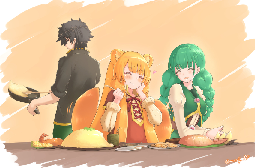 1boy, 2girls, ^_^, animal_ear_fluff, animal_ears, artist_name, awaiyuhi, belt