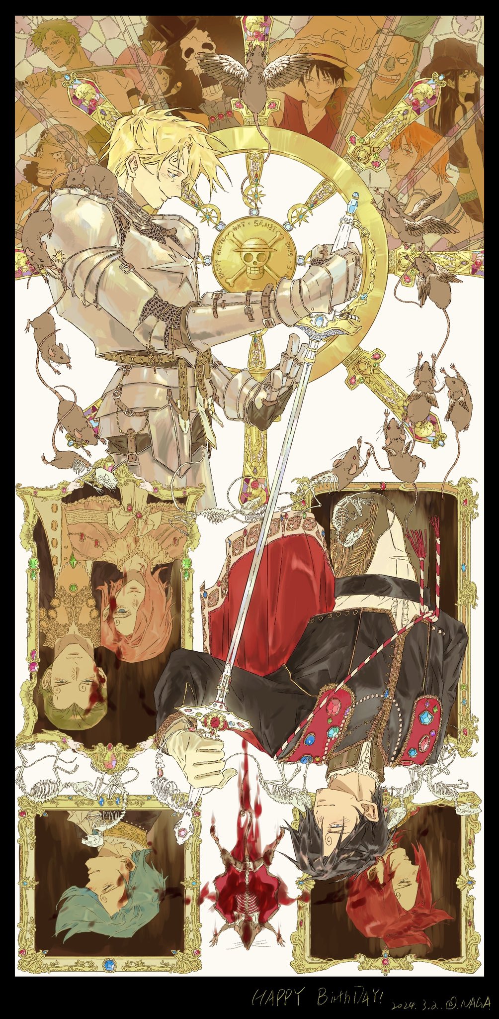 2024, 3girls, 6+boys, armor, black_hair, black_shirt, blonde_hair, blood