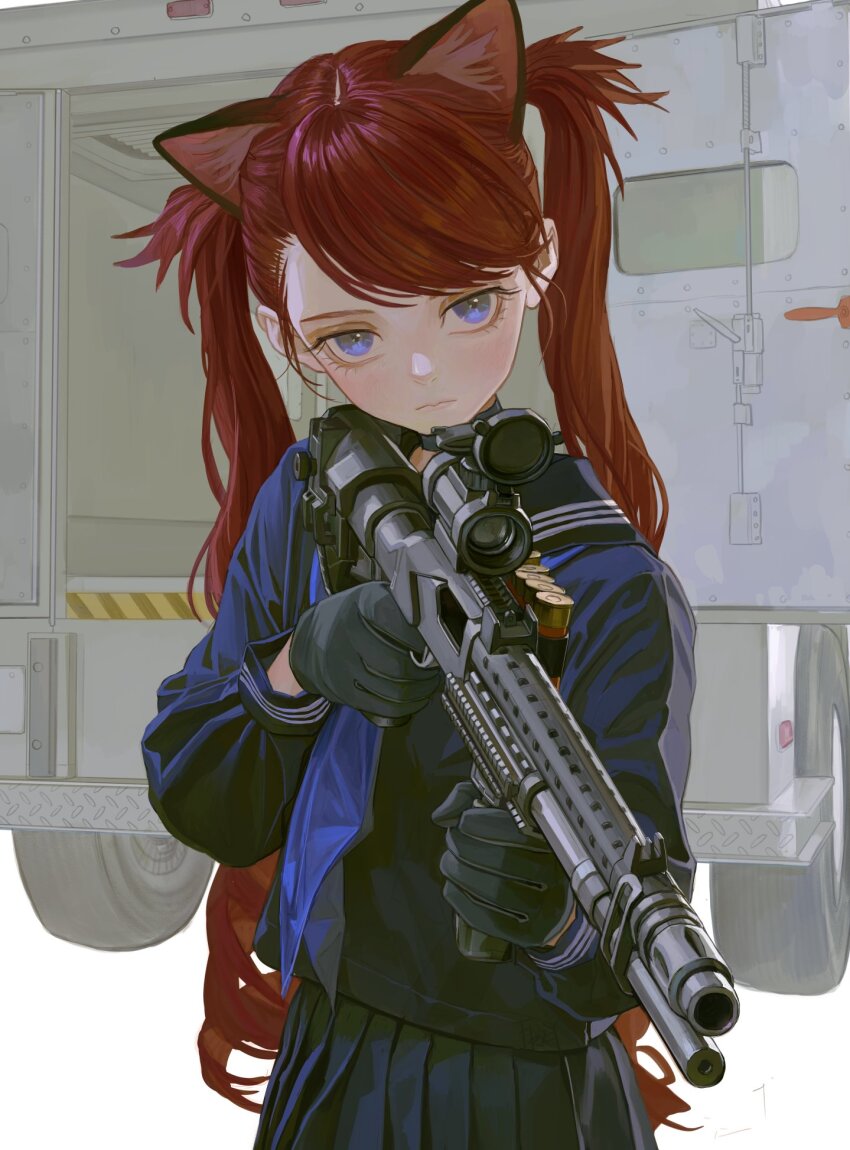 1girl, ammunition, animal_ear_fluff, animal_ears, animal_hair, black_gloves, black_sailor_collar, blue_eyes