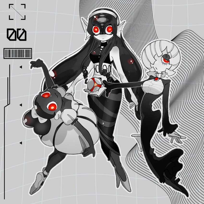 3girls, :3, afro_puffs, arm_at_side, arms_at_sides, ball, ballet_slippers, barcode, bare_shoulders, black_dress, black_footwear, black_hair, bow, breasts, brooch, cleavage, closed_mouth, dark-skinned_female, dark_skin, dress, drizzling_capriccioso, eyeshadow, fins, frilled_dress, frills, full_body, glowing, glowing_eyes, grey_background, grey_dress, grey_pantyhose, grid_background, gushing_trionfale, hair_between_eyes, hair_bow, hair_over_one_eye, hairband, head_fins, high_heels, highres, holding, holding_ball, jelleton, jewelry, light_frown, long_dress, long_hair, long_sleeves, looking_at_viewer, makeup, medium_breasts, medium_dress, medium_hair, multicolored_dress, multiple_girls, nintendo, one_eye_covered, ore_is_xtai, outline, outstretched_arms, pantyhose, personification, pout, puffy_dress, red_eyes, sleeveless, sleeveless_dress, small_breasts, splatoon_(series), splatoon_3, splatoon_3:_side_order, standing, straight_hair, turtleneck, very_long_hair, whirling_accelerando, white_bow, white_dress, white_footwear, white_hair, white_hairband, white_outline