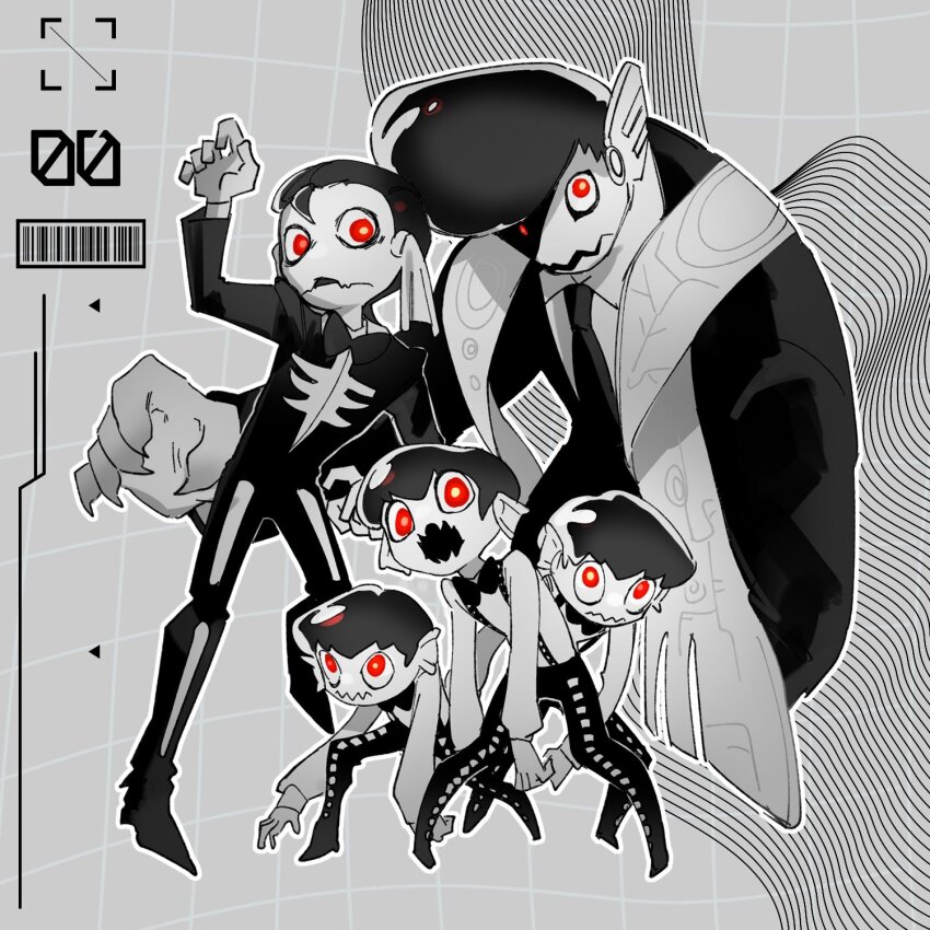 5boys, arm_up, barcode, battering_lento, black_bow, black_bowtie, black_hair, black_necktie, black_pants, black_suit, bow, bowtie, closed_mouth, collared_shirt, dress_shirt, fang, fins, formal_clothes, full_body, gloves, glowing, glowing_eyes, grey_background, grid_background, hair_slicked_back, head_fins, highres, jelleton, long_sleeves, looking_at_viewer, male_focus, marching_andante, multiple_boys, necktie, nintendo, open_mouth, ore_is_xtai, outline, pants, personification, pompadour, red_eyes, shirt, short_hair, skeleton_print, skin_fang, splatoon_(series), splatoon_3, splatoon_3:_side_order, spot_color, standing, stole, straight_hair, suit, suspenders, swarming_languendo, wavy_mouth, white_gloves, white_outline, white_shirt