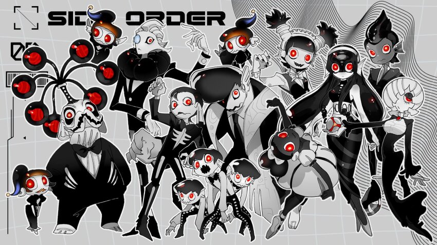 6+boys, 6+girls, :<, :3, afro_puffs, arm_at_side, arm_up, arms_at_sides, ball, ballet_slippers, barcode, bare_shoulders, battering_lento, bell-bottoms, black_bow, black_bowtie, black_dress, black_footwear, black_hair, black_nails, black_necktie, black_pants, black_suit, black_vest, blunt_bangs, bow, bowtie, breasts, brooch, cleavage, closed_mouth, collared_shirt, copyright_name, dark-skinned_female, dark-skinned_male, dark_skin, dress, dress_shirt, drizzling_capriccioso, eyeshadow, fang, fins, fish_boy, floating, formal_clothes, frilled_dress, frills, full_body, gloves, glowing, glowing_eyes, grey_background, grey_dress, grey_pantyhose, grid_background, gushing_trionfale, hair_between_eyes, hair_bow, hair_over_one_eye, hair_slicked_back, hairband, hand_on_own_hip, hand_up, hands_in_pockets, head_fins, headdress, high_heels, high_ponytail, highres, holding, holding_ball, homing_arpeggio, inline_skates, jelleton, jewelry, light_frown, long_dress, long_hair, long_sleeves, looking_at_viewer, makeup, marching_andante, medium_breasts, medium_dress, medium_hair, monocle, monocle_chain, multicolored_dress, multicolored_pants, multiple_boys, multiple_girls, nail_polish, necktie, nintendo, one_eye_covered, open_mouth, ore_is_xtai, outline, outstretched_arms, panicking_alla_mambo, pants, pantyhose, parted_lips, personification, pompadour, ponytail, pout, puffy_dress, puffy_short_sleeves, puffy_sleeves, red_eyes, roller_skates, shirt, short_hair, short_sleeves, short_twintails, sidelocks, skates, skeleton_print, skin_fang, sleeveless, sleeveless_dress, small_breasts, spawning_accordo, splatoon_(series), splatoon_3, splatoon_3:_side_order, spot_color, springing_spiccato, standing, stole, straight_hair, suit, suspenders, swarming_languendo, torn_clothes, torn_sleeves, towering_nobilmente, turtleneck, twintails, two-tone_pants, very_long_hair, vest, wavy_mouth, whirling_accelerando, white_bow, white_bowtie, white_dress, white_footwear, white_gloves, white_hair, white_hairband, white_outline, white_pants, white_shirt, white_wrist_cuffs, wrist_cuffs