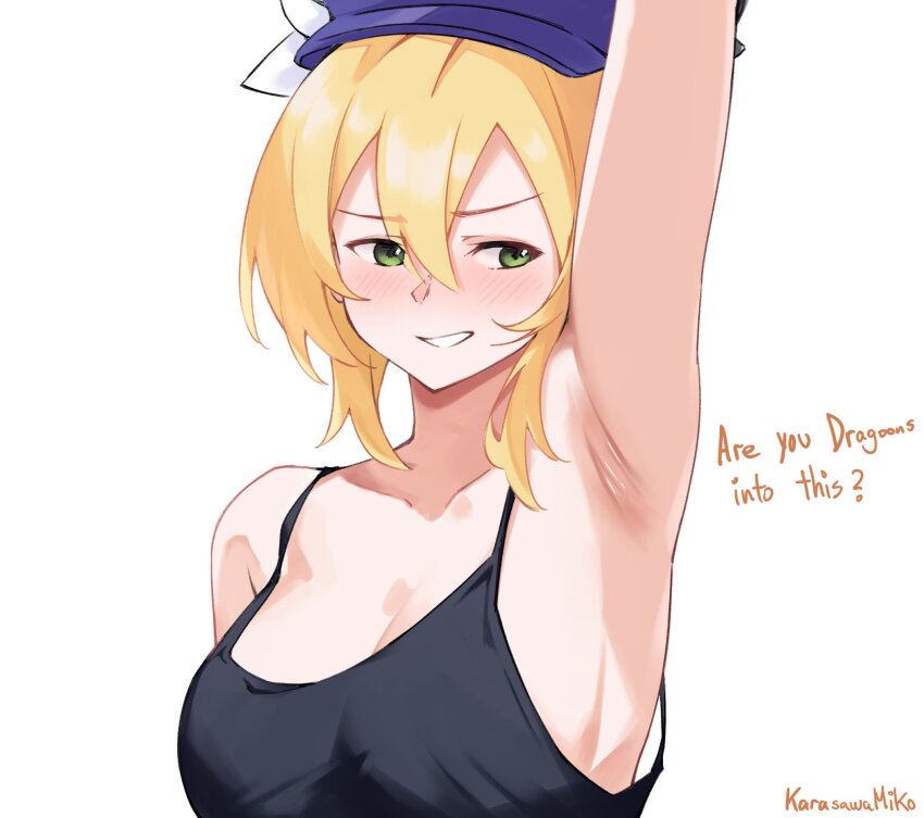 1girl, arm_up, armpits, artist_name, blonde_hair, blue_headwear, blush, dokibird