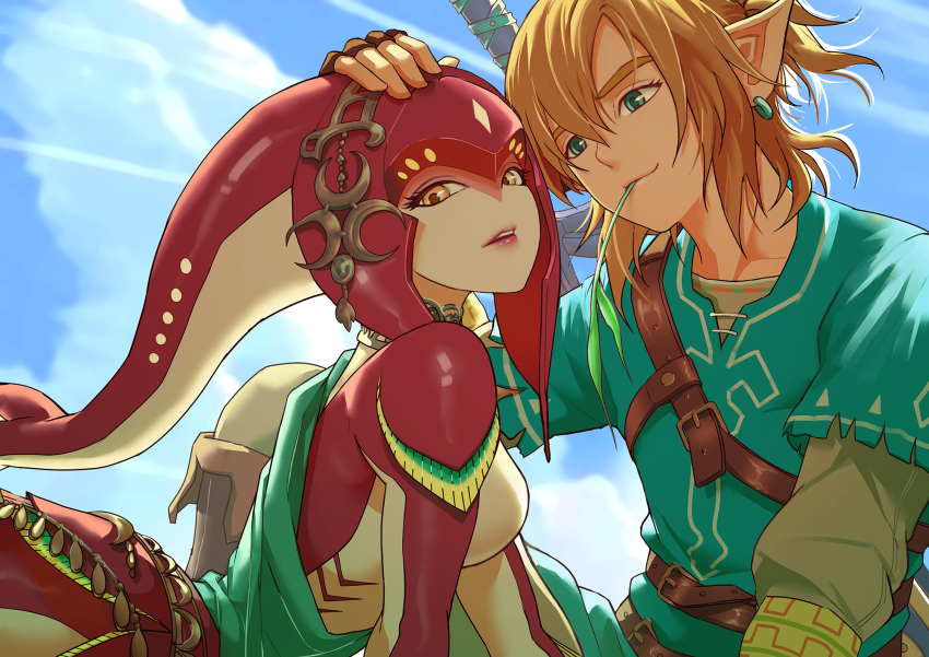 1boy, 1girl, all_fours, belt, blonde_hair, boots, breasts, brown_belt, brown_eyes, brown_gloves, brown_pants, collarbone, colored_skin, day, fingerless_gloves, gloves, green_shirt, grey_shirt, hehuolige, highres, knee_boots, layered_sleeves, link, long_sleeves, looking_at_another, medium_breasts, mipha, nintendo, outdoors, pants, pointy_ears, red_skin, shiny_skin, shirt, short_over_long_sleeves, short_sleeves, smile, teeth, the_legend_of_zelda, the_legend_of_zelda:_breath_of_the_wild, zora