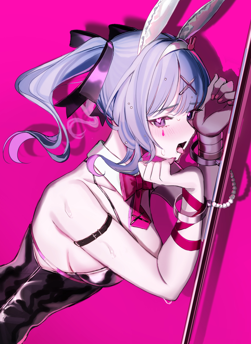 1girl, absurdres, animal_ears, arm_ribbon, arm_strap, black_leotard, black_ribbon, blue_eyes, blue_hair, bound, bound_wrists, bow, bowtie, breasts, cleavage, cuffs, detached_collar, facial_mark, fake_animal_ears, floating_hair, from_side, hair_intakes, hair_ribbon, hairband, handcuffs, hatsune_miku, heart, heart-shaped_pupils, highres, large_breasts, leaning_forward, leotard, long_hair, looking_at_viewer, nail_polish, open_mouth, pink_background, pink_nails, playboy_bunny, pole, pure_pure_(rabbit_hole), rabbit_ears, rabbit_hole_(vocaloid), red_bow, red_bowtie, ribbon, shadow, shinonome_nemu_(nemulog_sn), short_twintails, sidelocks, sideways_glance, simple_background, solo, stripper_pole, sweat, symbol-shaped_pupils, teardrop_facial_mark, tongue, tongue_out, twintails, upper_body, vocaloid, white_hairband
