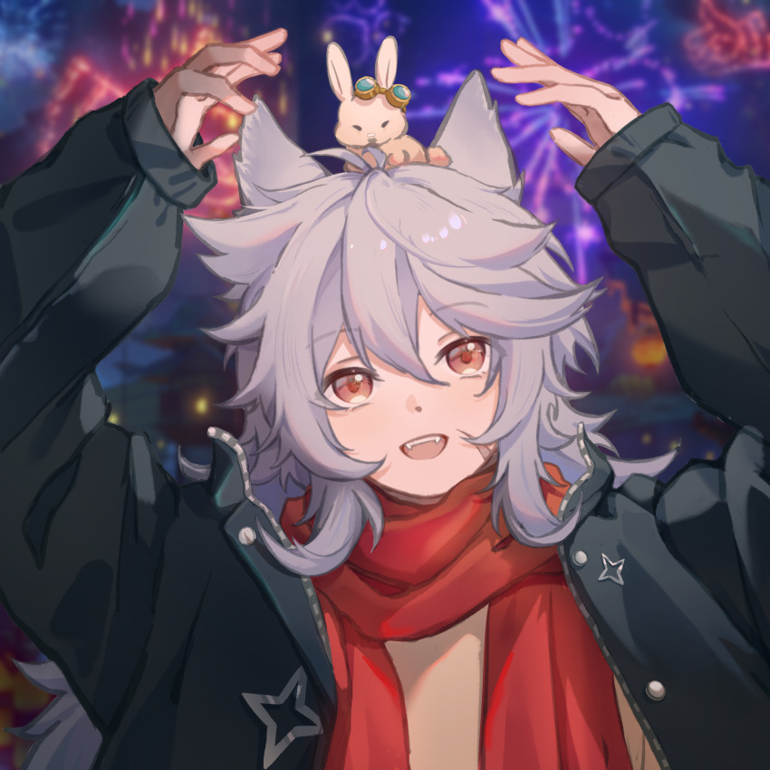 2boys, aerial_fireworks, alternate_costume, animal_ears, bennett_(genshin_impact), bishounen, deardraco, fireworks