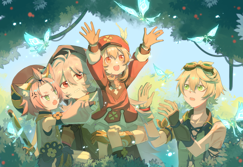 2boys, 2girls, absurdres, anger_vein, animal_ears, bandaid, bandaid_on_face, bandaid_on_nose