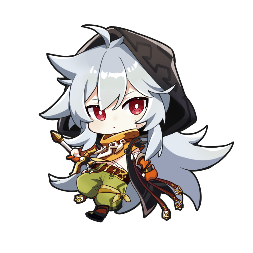 1boy, ahoge, bone_necklace, chibi, deardraco, genshin_impact, grey_hair, hood