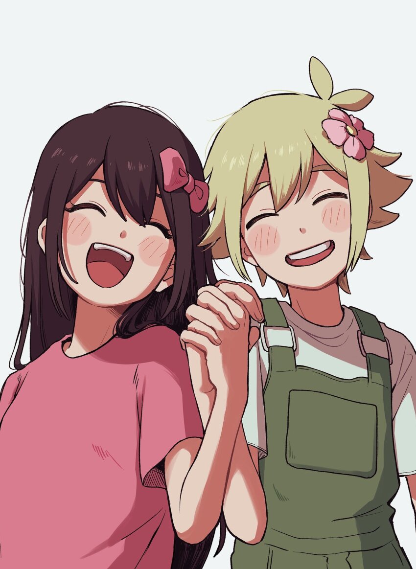 1boy, 1girl, :d, aged_down, aubrey_(faraway)_(omori), aubrey_(omori), basil_(faraway)_(omori), basil_(omori)